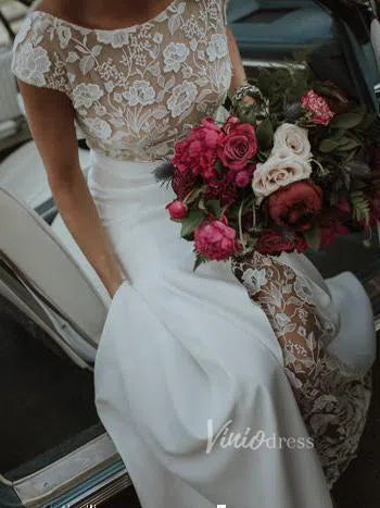 Cap Sleeve Sheath Lace Wedding Dresses with Slit Viniodress VW1067-wedding dresses 2025 -Viniodress-Ivory-Custom Size-