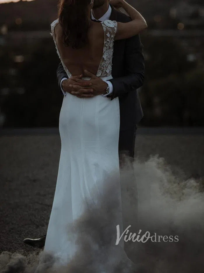 Cap Sleeve Sheath Lace Wedding Dresses with Slit Viniodress VW1067-wedding dresses 2025 -Viniodress-Ivory-Custom Size-