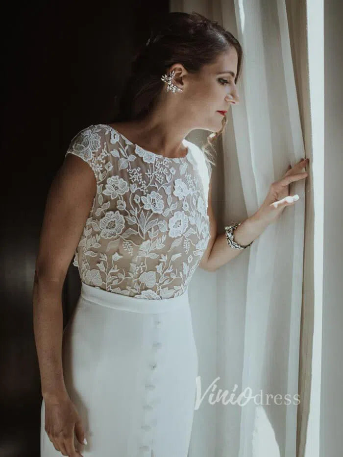 Cap Sleeve Sheath Lace Wedding Dresses with Slit Viniodress VW1067-wedding dresses 2025 -Viniodress-Ivory-Custom Size-