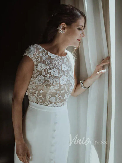 Cap Sleeve Sheath Lace Wedding Dresses with Slit Viniodress VW1067-wedding dresses 2025 -Viniodress-Ivory-Custom Size-