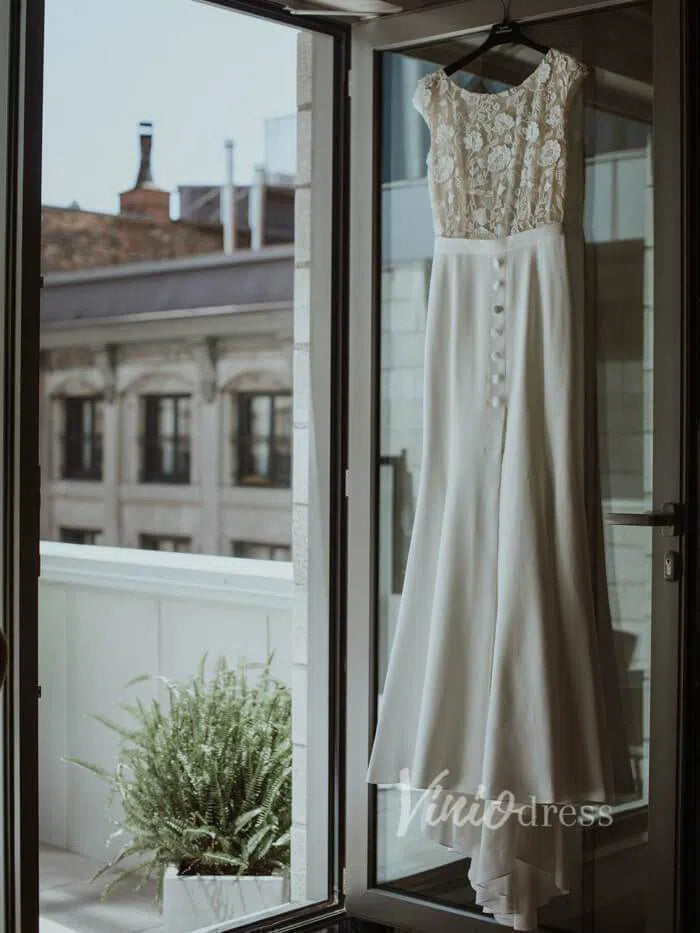 Cap Sleeve Sheath Lace Wedding Dresses with Slit Viniodress VW1067-wedding dresses 2025 -Viniodress-Ivory-Custom Size-