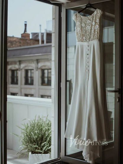 Cap Sleeve Sheath Lace Wedding Dresses with Slit Viniodress VW1067-wedding dresses 2025 -Viniodress-Ivory-Custom Size-