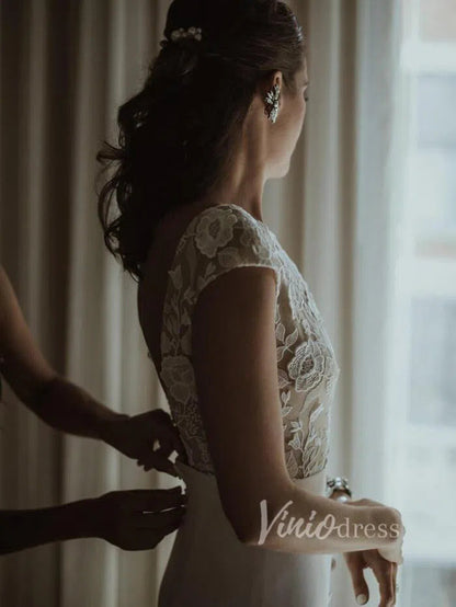 Cap Sleeve Sheath Lace Wedding Dresses with Slit Viniodress VW1067-wedding dresses 2025 -Viniodress-Ivory-Custom Size-