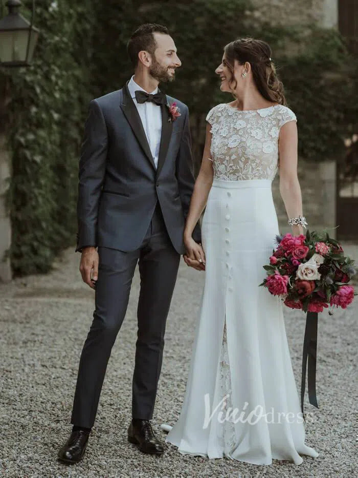 Cap Sleeve Sheath Lace Wedding Dresses with Slit Viniodress VW1067-wedding dresses 2025 -Viniodress-Ivory-Custom Size-
