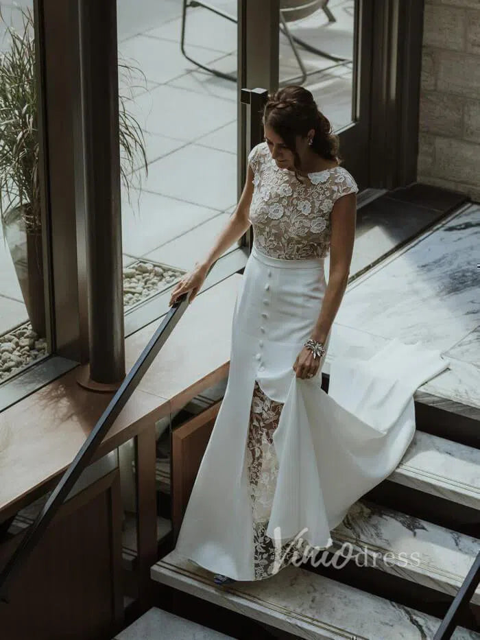 Cap Sleeve Sheath Lace Wedding Dresses with Slit Viniodress VW1067-wedding dresses 2025 -Viniodress-Ivory-Custom Size-