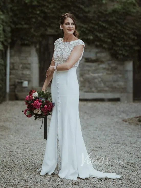 Cap Sleeve Sheath Lace Wedding Dresses with Slit Viniodress VW1067-wedding dresses-Viniodress-Viniodress