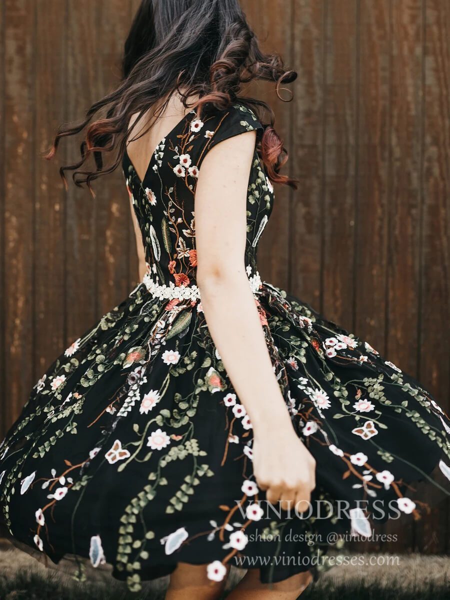 Cap Sleeve V Neck Black Floral Homecoming Dresses SD1397-Homecoming Dresses 2025 -Viniodress-Black-Custom Size-