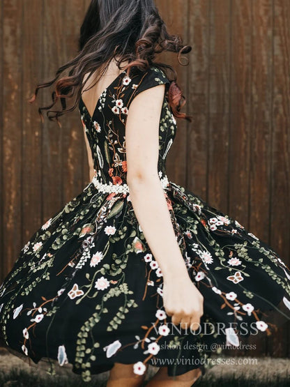 Cap Sleeve V Neck Black Floral Homecoming Dresses SD1397-Homecoming Dresses 2025 -Viniodress-Black-Custom Size-