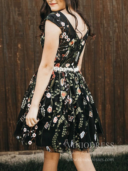 Cap Sleeve V Neck Black Floral Homecoming Dresses SD1397-Homecoming Dresses 2025 -Viniodress-Black-Custom Size-
