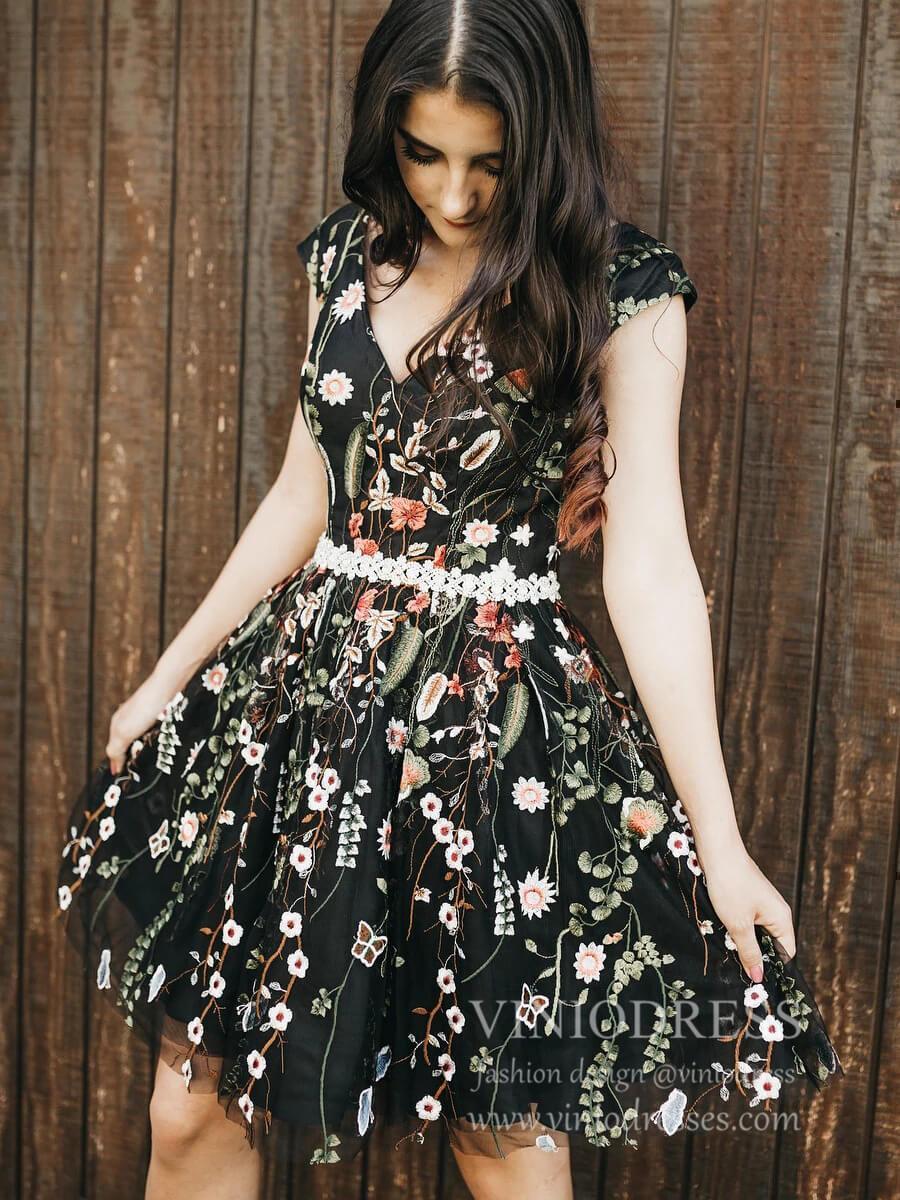 Cap Sleeve V Neck Black Floral Homecoming Dresses SD1397-Homecoming Dresses 2025 -Viniodress-Black-Custom Size-