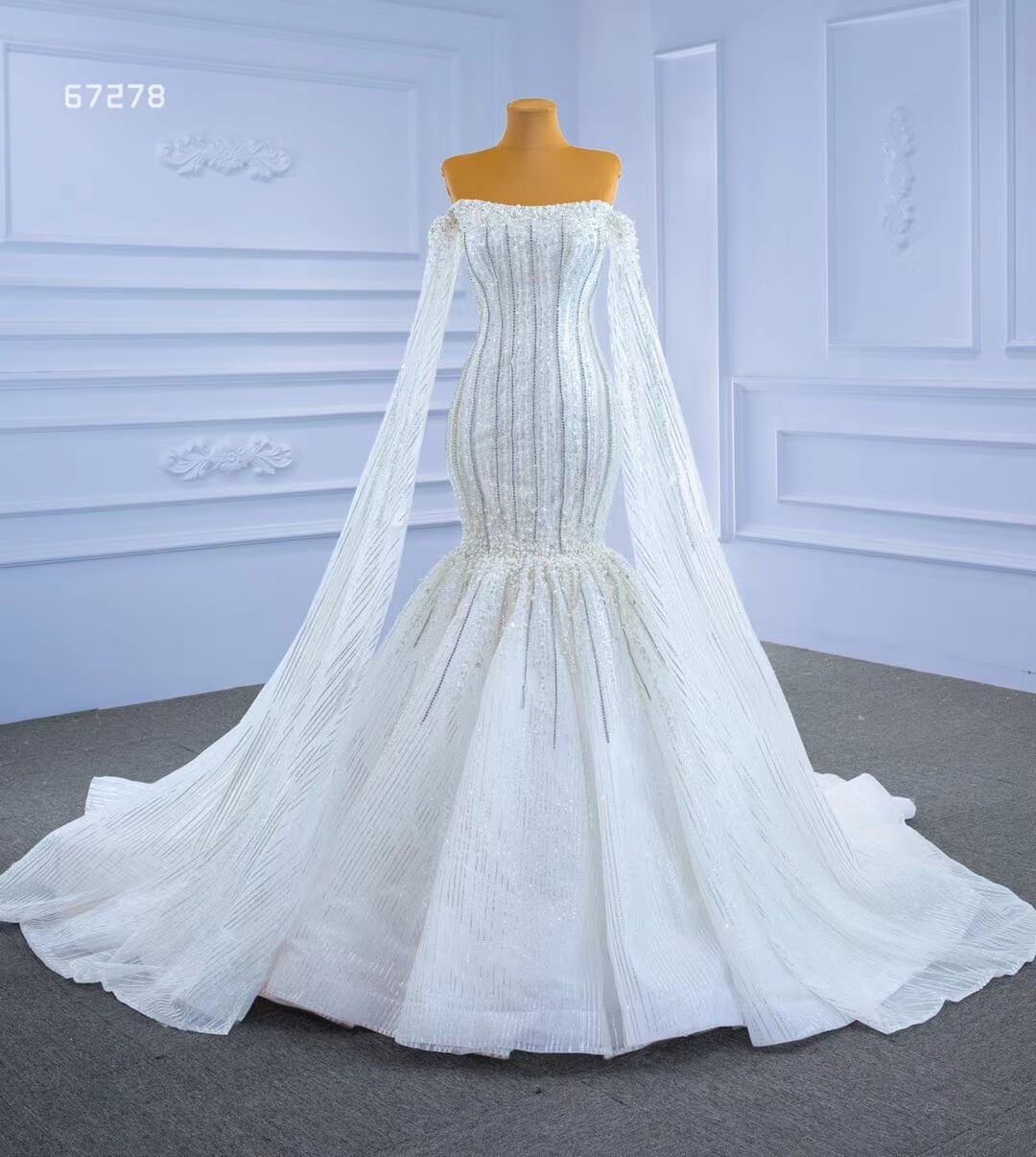 Cape Sleeve Beaded Wedding Dresses Off the Shoulder Mermaid Dress 67278 viniodress-wedding dresses 2025 -Viniodress-Ivory-Custom Size-