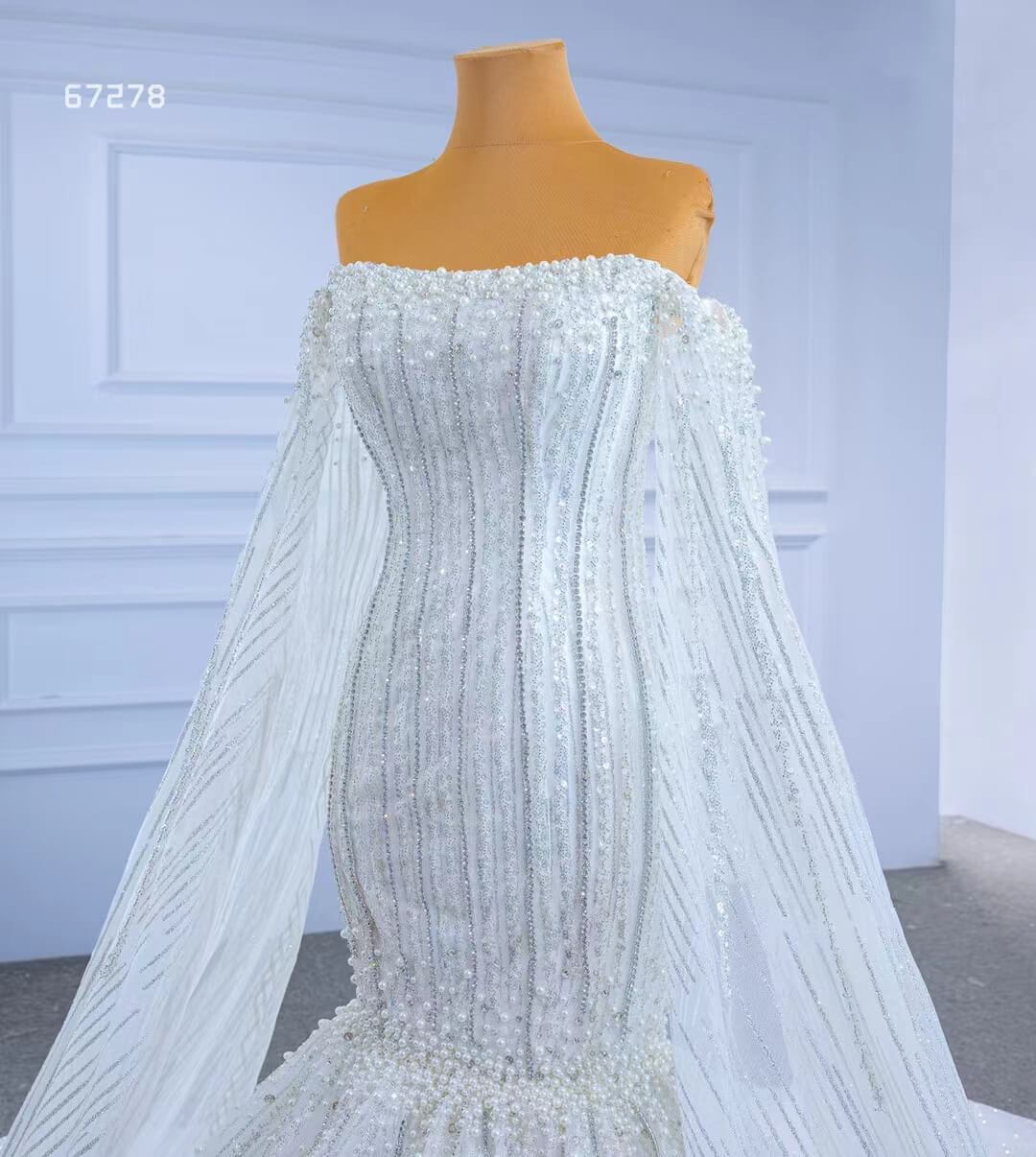 Cape Sleeve Beaded Wedding Dresses Off the Shoulder Mermaid Dress 67278 viniodress-wedding dresses 2025 -Viniodress-Ivory-Custom Size-
