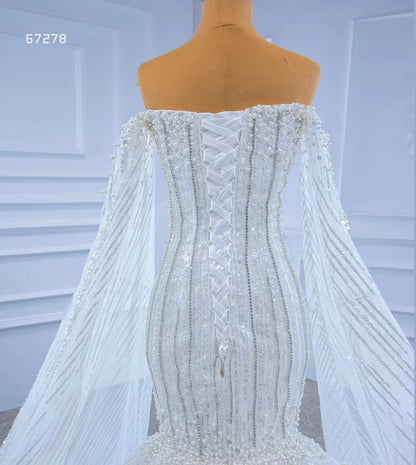 Cape Sleeve Beaded Wedding Dresses Off the Shoulder Mermaid Dress 67278 viniodress-wedding dresses 2025 -Viniodress-Ivory-Custom Size-