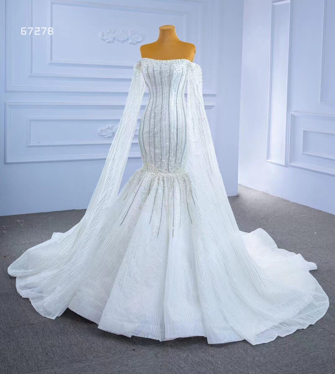 Cape Sleeve Beaded Wedding Dresses Off the Shoulder Mermaid Dress 67278 viniodress-wedding dresses 2025 -Viniodress-Ivory-Custom Size-