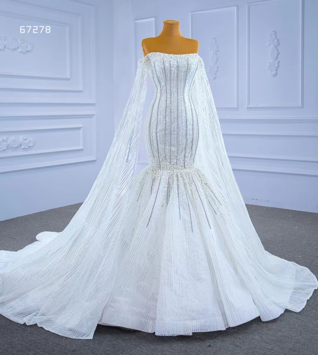 Cape Sleeve Beaded Wedding Dresses Off the Shoulder Mermaid Dress 67278 viniodress-wedding dresses 2025 -Viniodress-Ivory-Custom Size-