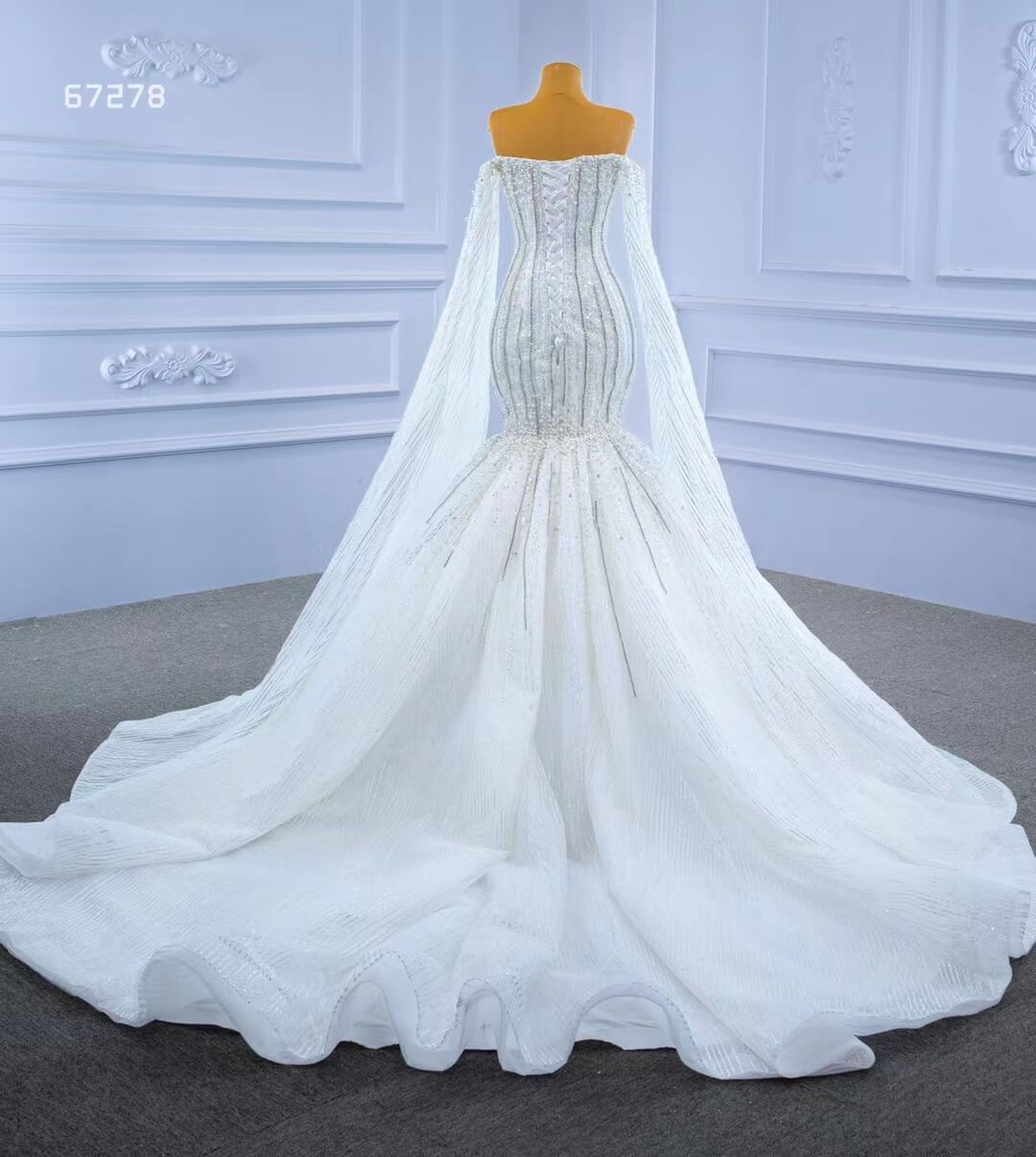 Cape Sleeve Beaded Wedding Dresses Off the Shoulder Mermaid Dress 67278 viniodress-wedding dresses 2025 -Viniodress-Ivory-Custom Size-