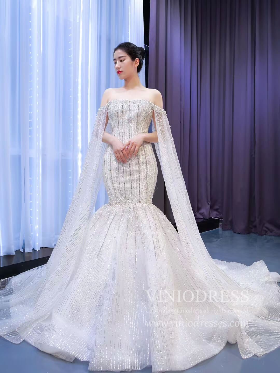 Cape Sleeve Beaded Wedding Dresses Off the Shoulder Mermaid Dress 67278 viniodress-wedding dresses 2025 -Viniodress-Ivory-Custom Size-