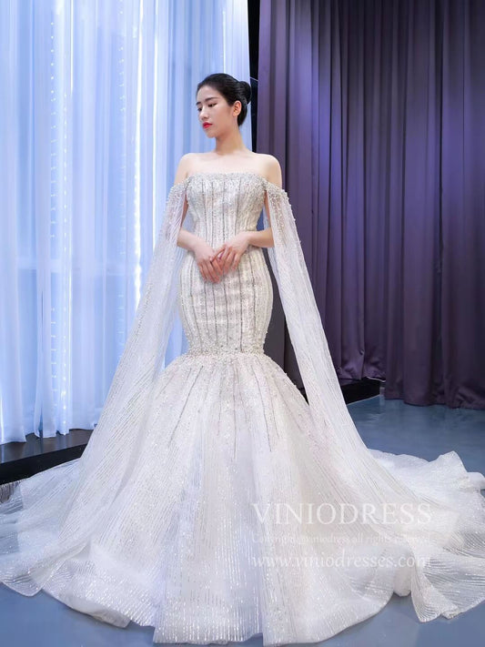 Cape Sleeve Beaded Wedding Dresses Off the Shoulder Mermaid Dress 67278 viniodress-wedding dresses 2025 -Viniodress-Ivory-Custom Size-