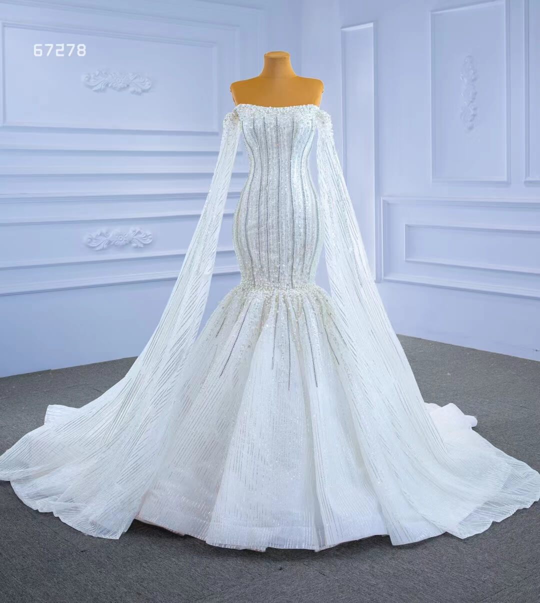 Cape Sleeve Beaded Wedding Dresses Off the Shoulder Mermaid Dress 67278 viniodress-wedding dresses-Viniodress-Viniodress