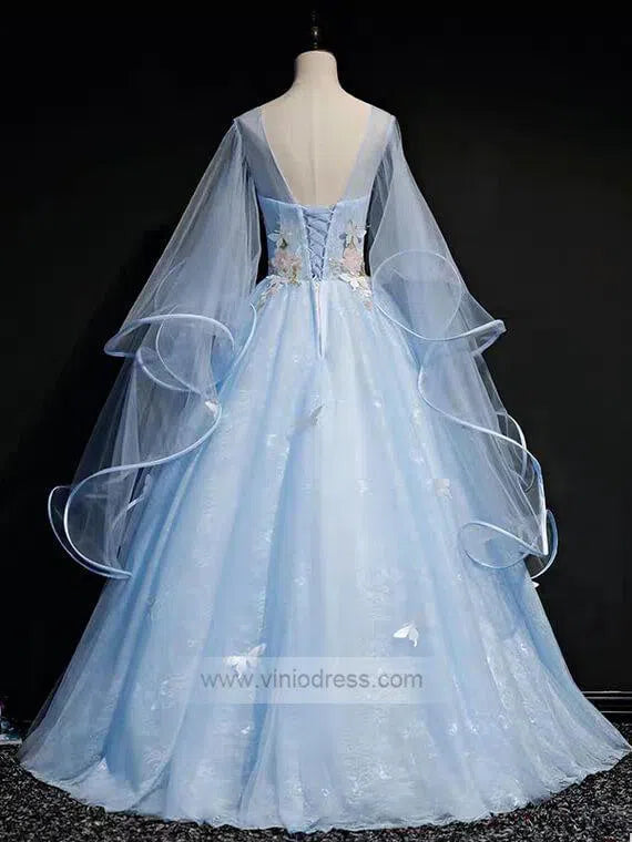 Cape Sleeve Light Blue Ball Gown Prom Dresses Long FD1041-prom dresses-Viniodress-Viniodress