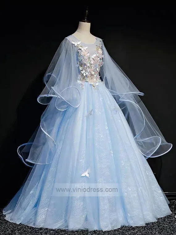 Cape Sleeve Light Blue Ball Gown Prom Dresses Long FD1041-prom dresses-Viniodress-Viniodress