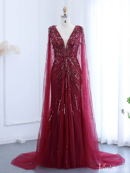 Cape Sleeve Prom Dresses Beaded V-Neck Wedding Guest Dress AD1258-Evening Dresses 2025 -Viniodress-Burgundy-US 2-