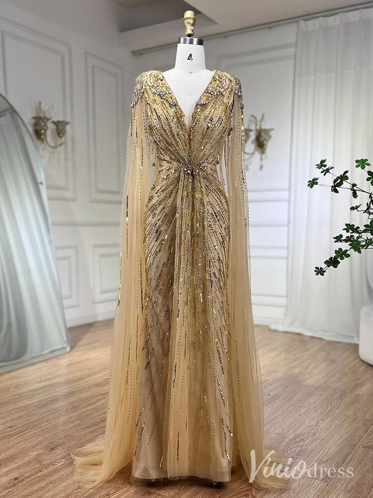 Cape Sleeve Prom Dresses Beaded V-Neck Wedding Guest Dress AD1258-Evening Dresses 2025 -Viniodress-Gold-US 2-
