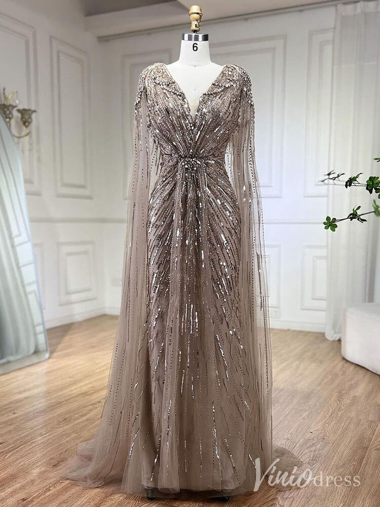 Cape Sleeve Prom Dresses Beaded V-Neck Wedding Guest Dress AD1258-Evening Dresses 2025 -Viniodress-Khaki-US 2-