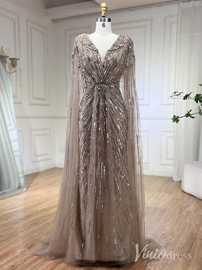 Cape Sleeve Prom Dresses Beaded V-Neck Wedding Guest Dress AD1258-Evening Dresses 2025 -Viniodress-Khaki-US 2-
