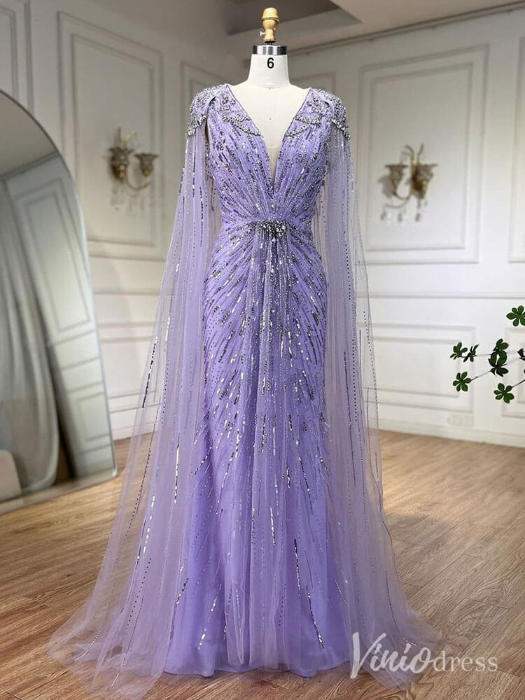 Cape Sleeve Prom Dresses Beaded V-Neck Wedding Guest Dress AD1258-Evening Dresses 2025 -Viniodress-Lavender-US 2-
