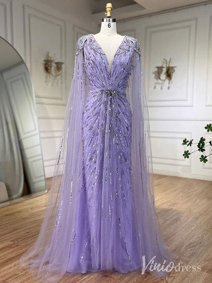 Cape Sleeve Prom Dresses Beaded V-Neck Wedding Guest Dress AD1258-Evening Dresses 2025 -Viniodress-Lavender-US 2-