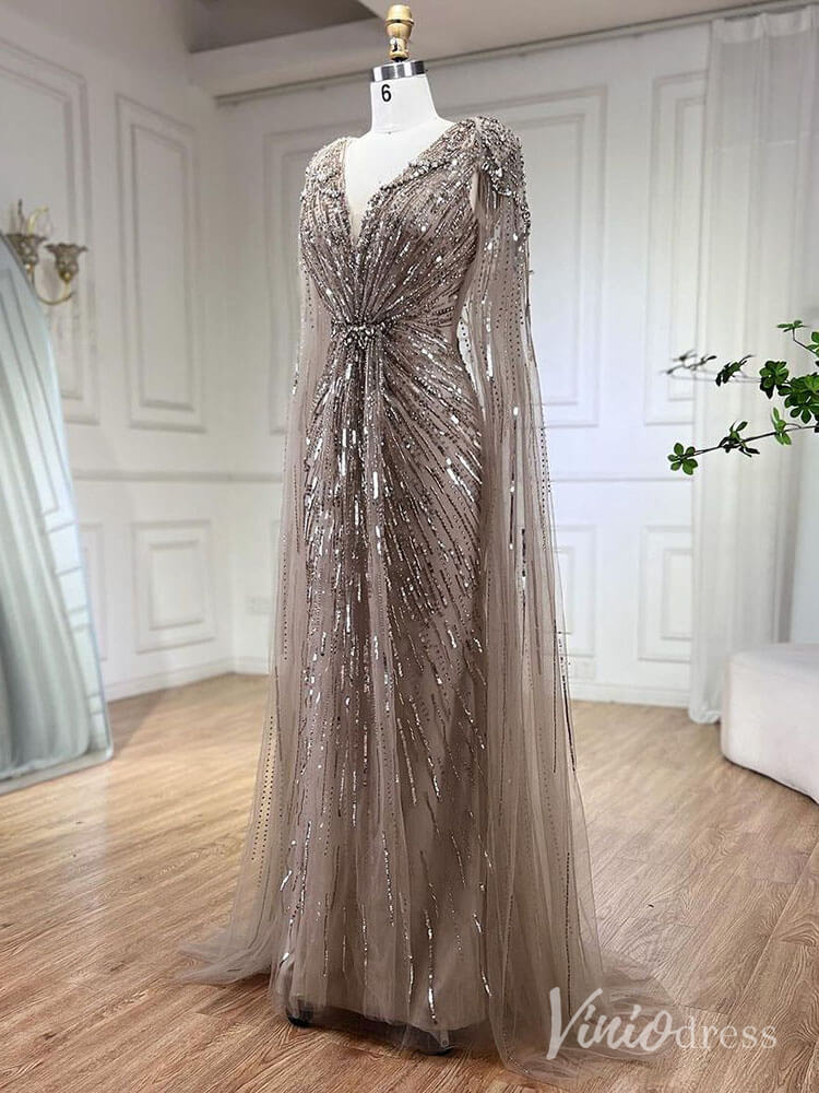 Cape Sleeve Prom Dresses Beaded V-Neck Wedding Guest Dress AD1258-Evening Dresses 2025 -Viniodress-Light Green-US 2-