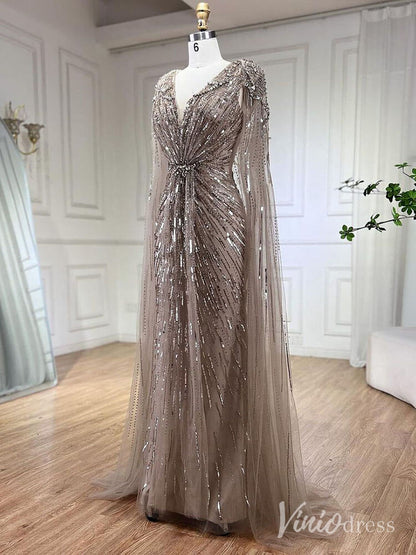 Cape Sleeve Prom Dresses Beaded V-Neck Wedding Guest Dress AD1258-Evening Dresses 2025 -Viniodress-Light Green-US 2-