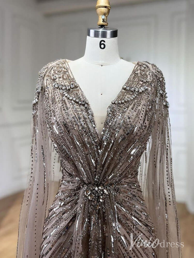 Cape Sleeve Prom Dresses Beaded V-Neck Wedding Guest Dress AD1258-Evening Dresses 2025 -Viniodress-Light Green-US 2-