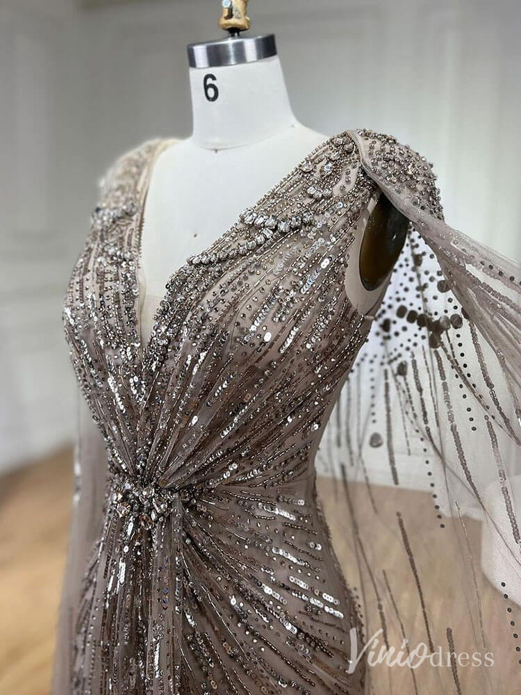 Cape Sleeve Prom Dresses Beaded V-Neck Wedding Guest Dress AD1258-Evening Dresses 2025 -Viniodress-Light Green-US 2-