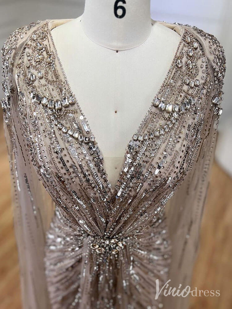 Cape Sleeve Prom Dresses Beaded V-Neck Wedding Guest Dress AD1258-Evening Dresses 2025 -Viniodress-Light Green-US 2-