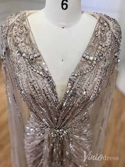 Cape Sleeve Prom Dresses Beaded V-Neck Wedding Guest Dress AD1258-Evening Dresses 2025 -Viniodress-Light Green-US 2-
