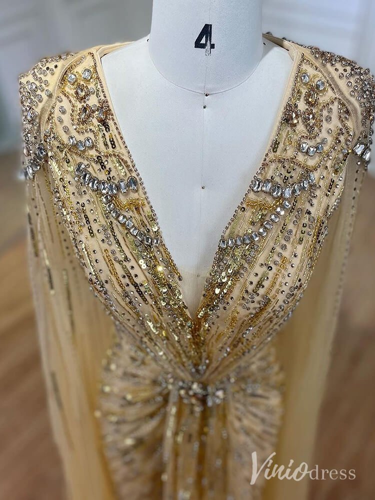 Cape Sleeve Prom Dresses Beaded V-Neck Wedding Guest Dress AD1258-Evening Dresses 2025 -Viniodress-Light Green-US 2-