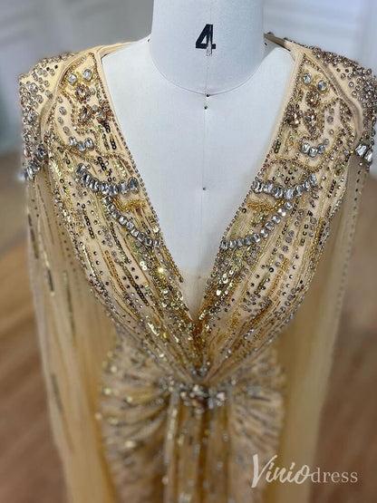 Cape Sleeve Prom Dresses Beaded V-Neck Wedding Guest Dress AD1258-Evening Dresses 2025 -Viniodress-Light Green-US 2-