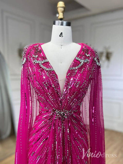 Cape Sleeve Prom Dresses Beaded V-Neck Wedding Guest Dress AD1258-Evening Dresses 2025 -Viniodress-Light Green-US 2-