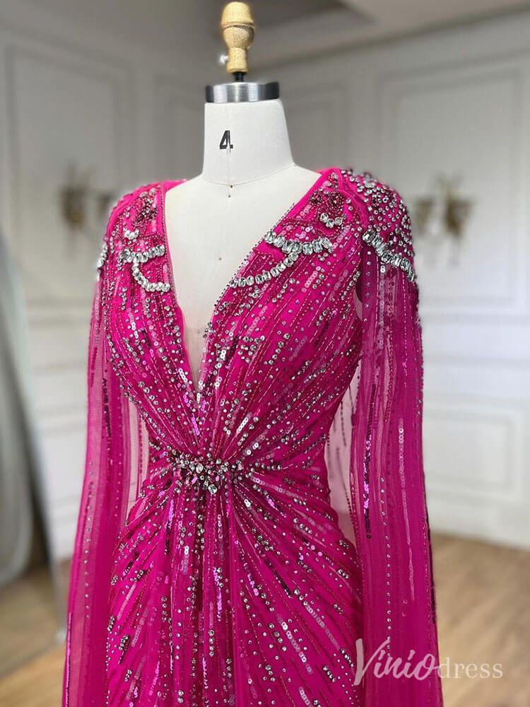 Cape Sleeve Prom Dresses Beaded V-Neck Wedding Guest Dress AD1258-Evening Dresses 2025 -Viniodress-Light Green-US 2-