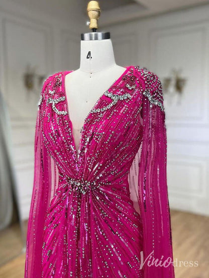 Cape Sleeve Prom Dresses Beaded V-Neck Wedding Guest Dress AD1258-Evening Dresses 2025 -Viniodress-Light Green-US 2-