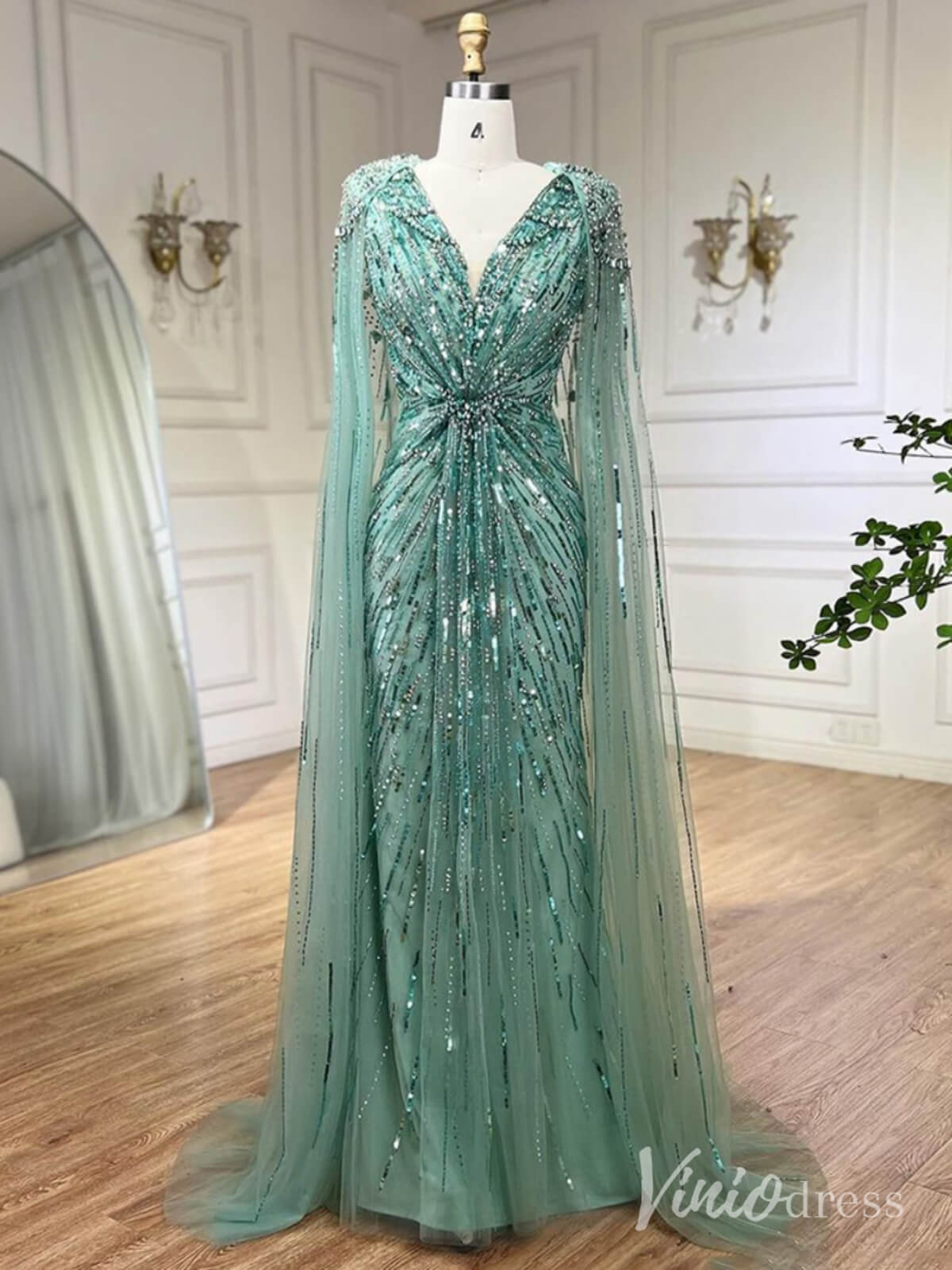Cape Sleeve Prom Dresses Beaded V-Neck Wedding Guest Dress AD1258-Evening Dresses 2025 -Viniodress-Light Green-US 2-