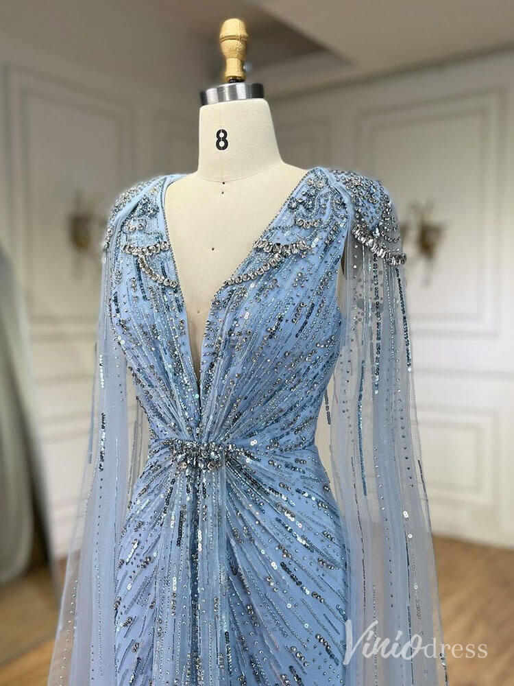 Cape Sleeve Prom Dresses Beaded V-Neck Wedding Guest Dress AD1258-Evening Dresses 2025 -Viniodress-Light Green-US 2-