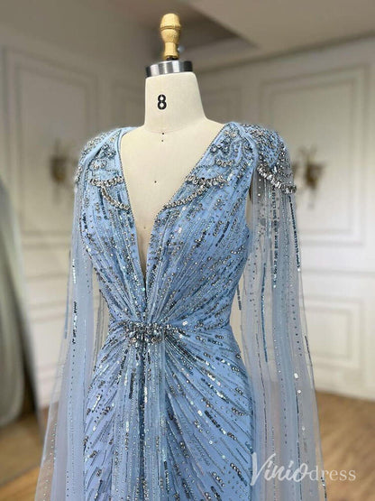 Cape Sleeve Prom Dresses Beaded V-Neck Wedding Guest Dress AD1258-Evening Dresses 2025 -Viniodress-Light Green-US 2-