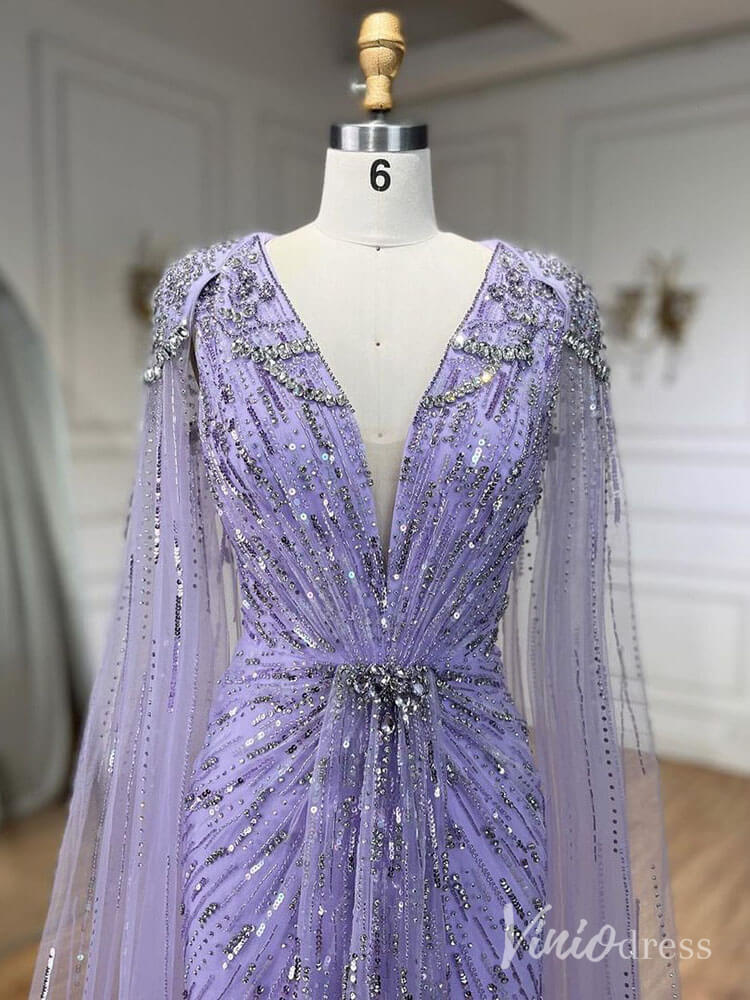 Cape Sleeve Prom Dresses Beaded V-Neck Wedding Guest Dress AD1258-Evening Dresses 2025 -Viniodress-Light Green-US 2-