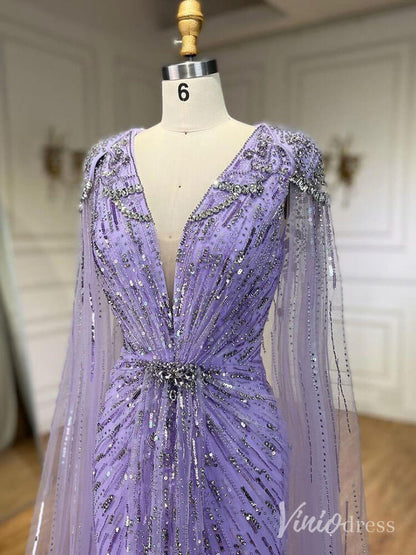 Cape Sleeve Prom Dresses Beaded V-Neck Wedding Guest Dress AD1258-Evening Dresses 2025 -Viniodress-Light Green-US 2-