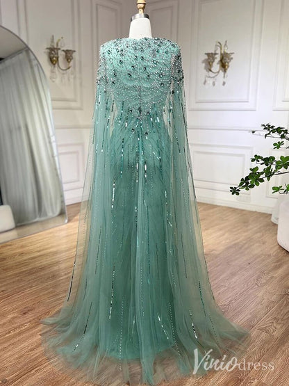 Cape Sleeve Prom Dresses Beaded V-Neck Wedding Guest Dress AD1258-Evening Dresses 2025 -Viniodress-Light Green-US 2-