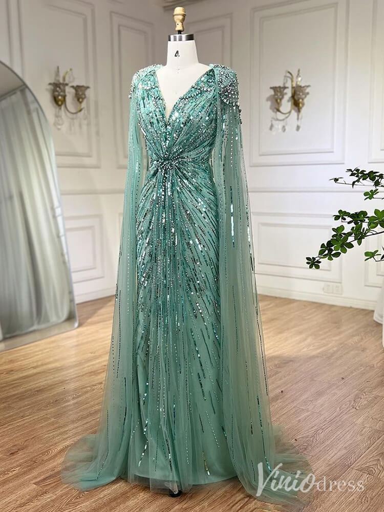 Cape Sleeve Prom Dresses Beaded V-Neck Wedding Guest Dress AD1258-Evening Dresses 2025 -Viniodress-Light Green-US 2-