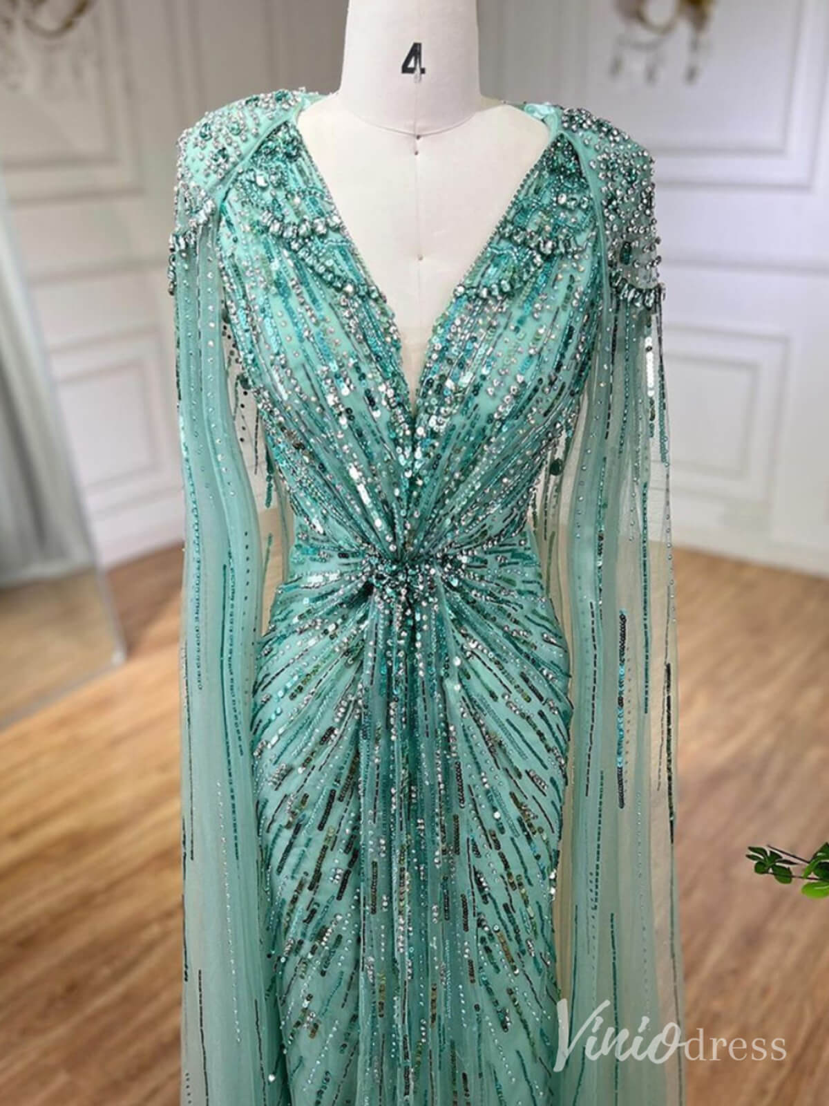 Cape Sleeve Prom Dresses Beaded V-Neck Wedding Guest Dress AD1258-Evening Dresses 2025 -Viniodress-Light Green-US 2-